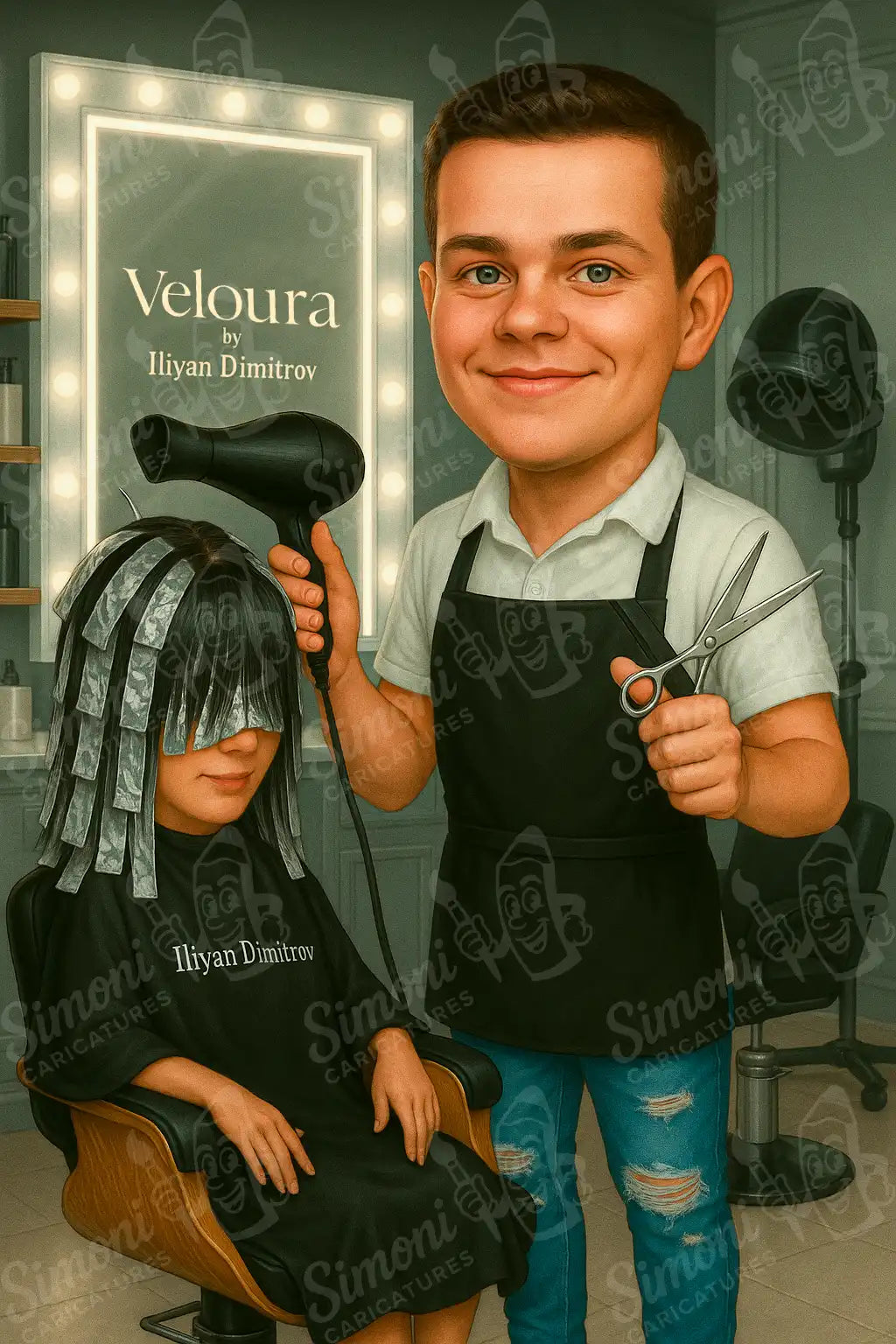 Карикатура на фризьор с ножица и сешоар в салон Veloura – Simoni Caricatures, персонализиран портрет за бизнес реклама